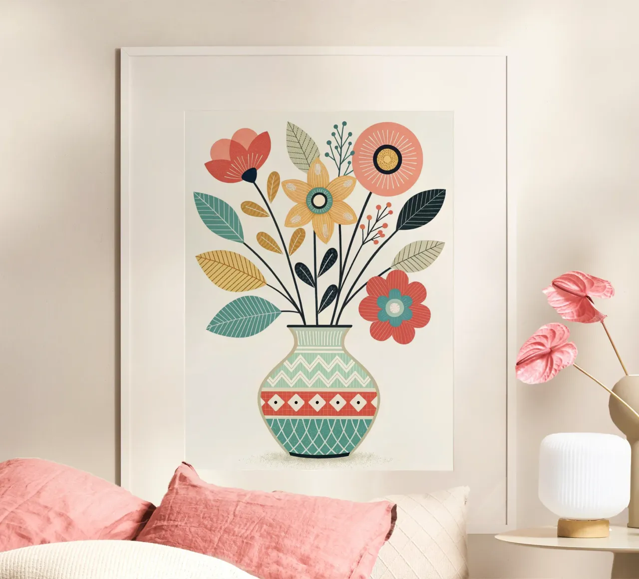 Ramo de flores bohemio con motivos folclóricos en un jarrón estampado poster de Artistic-shop