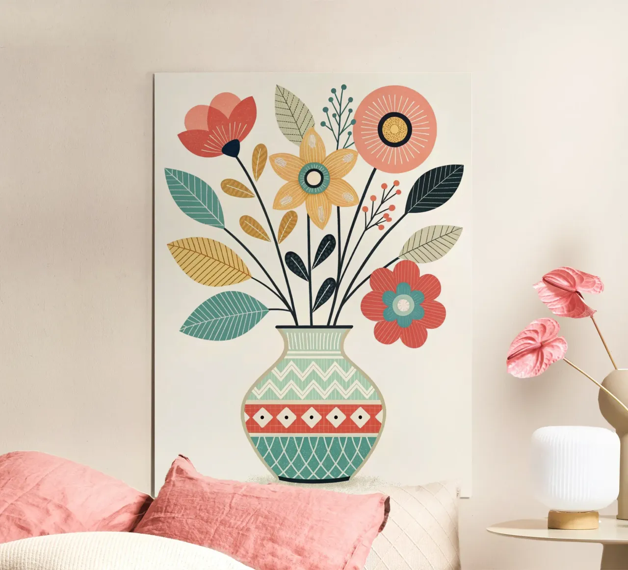 Ramo de flores bohemio con motivos folclóricos en un jarrón estampado poster de Artistic-shop