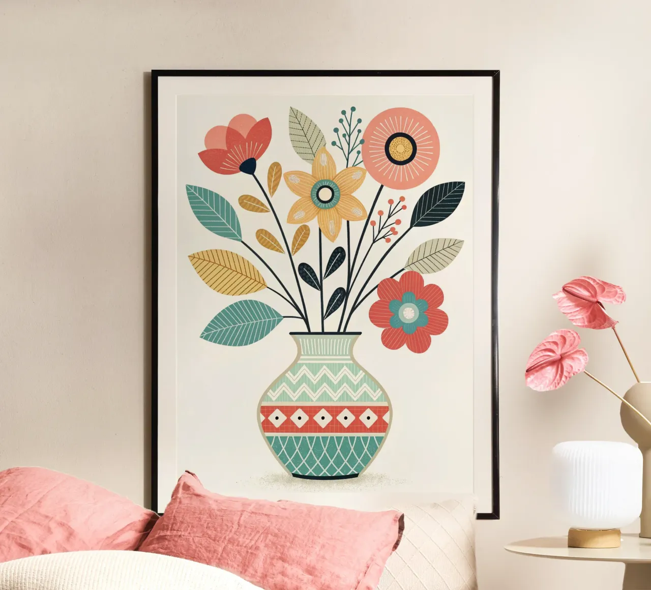 Ramo de flores bohemio con motivos folclóricos en un jarrón estampado poster de Artistic-shop