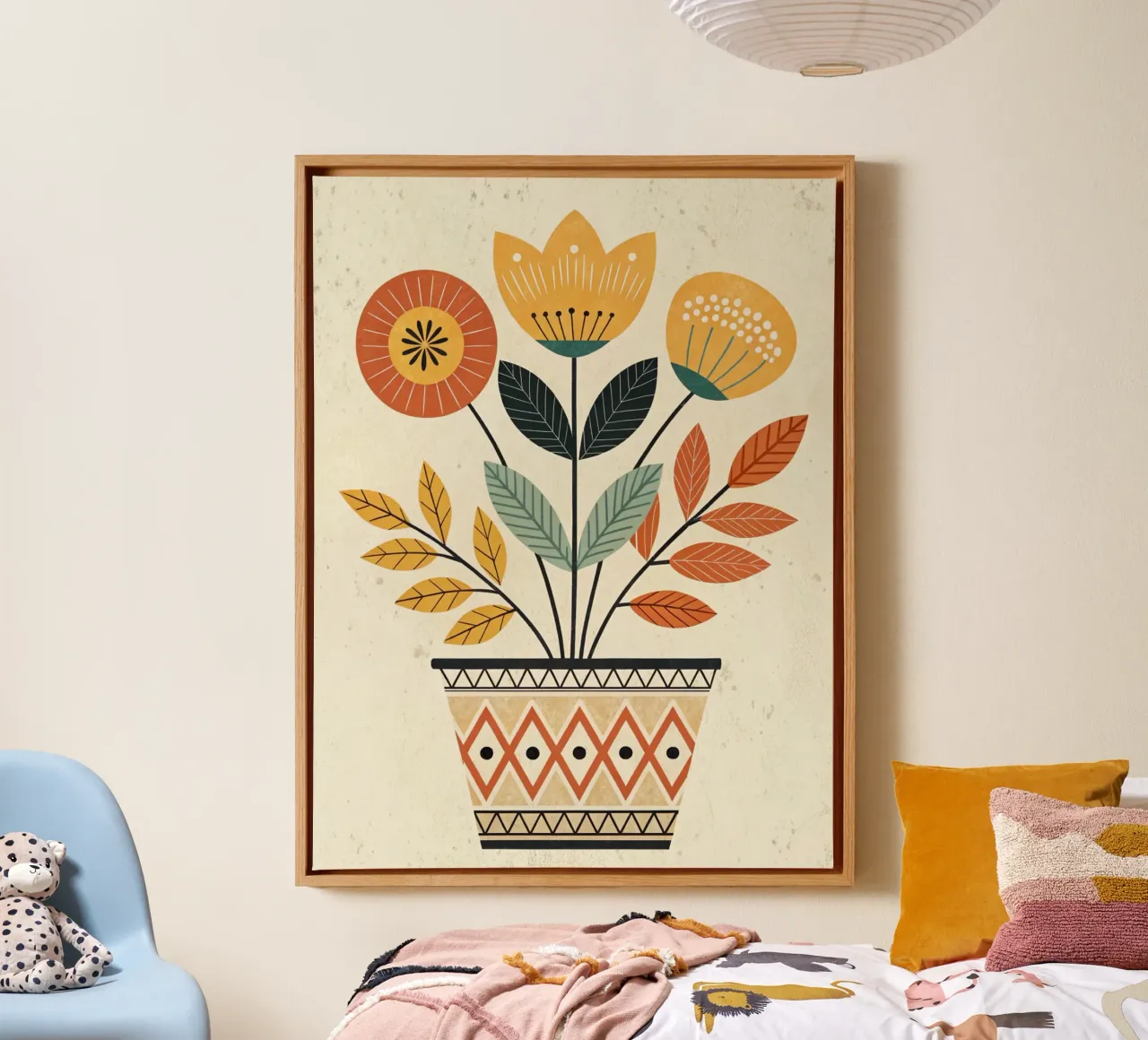 Fleurs d'art populaire dans un pot en terre cuite avec Scandinavian-Inspi toile avec Caisse américaine de Artistic-shop