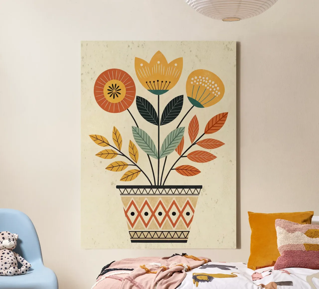 Fleurs d'art populaire dans un pot en terre cuite avec Scandinavian-Inspi toile avec Caisse américaine de Artistic-shop