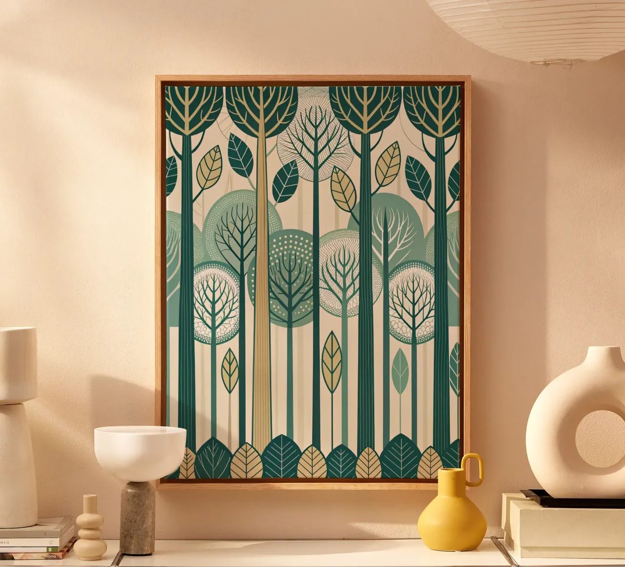 Carta da parati Scandinavian Forest, moderna e di metà secolo: Una carta da parati stilizzata tela con Cornice a cassetta da Artistic-shop