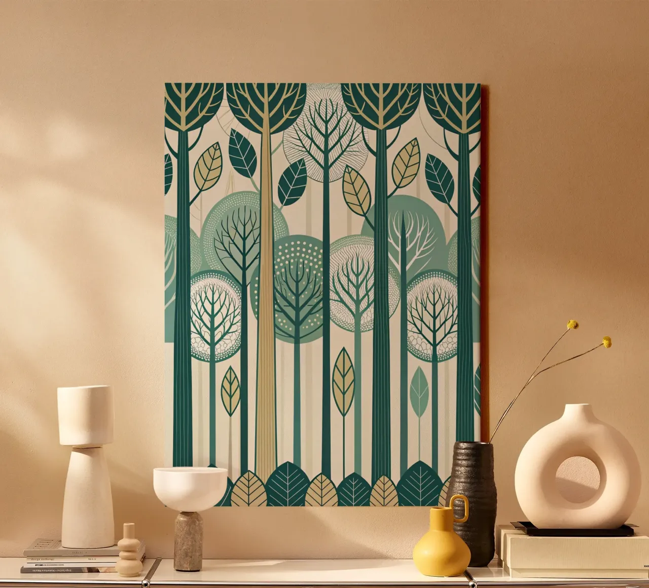 Carta da parati Scandinavian Forest, moderna e di metà secolo: Una carta da parati stilizzata tela con Cornice a cassetta da Artistic-shop
