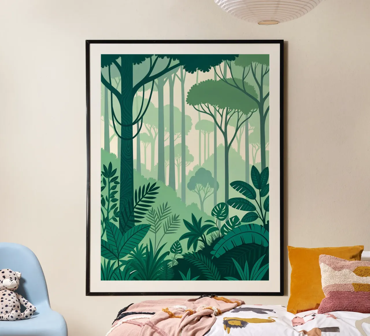 La serenità della giungla: Una lussureggiante foresta tropicale con strati di verde poster da Artistic-shop