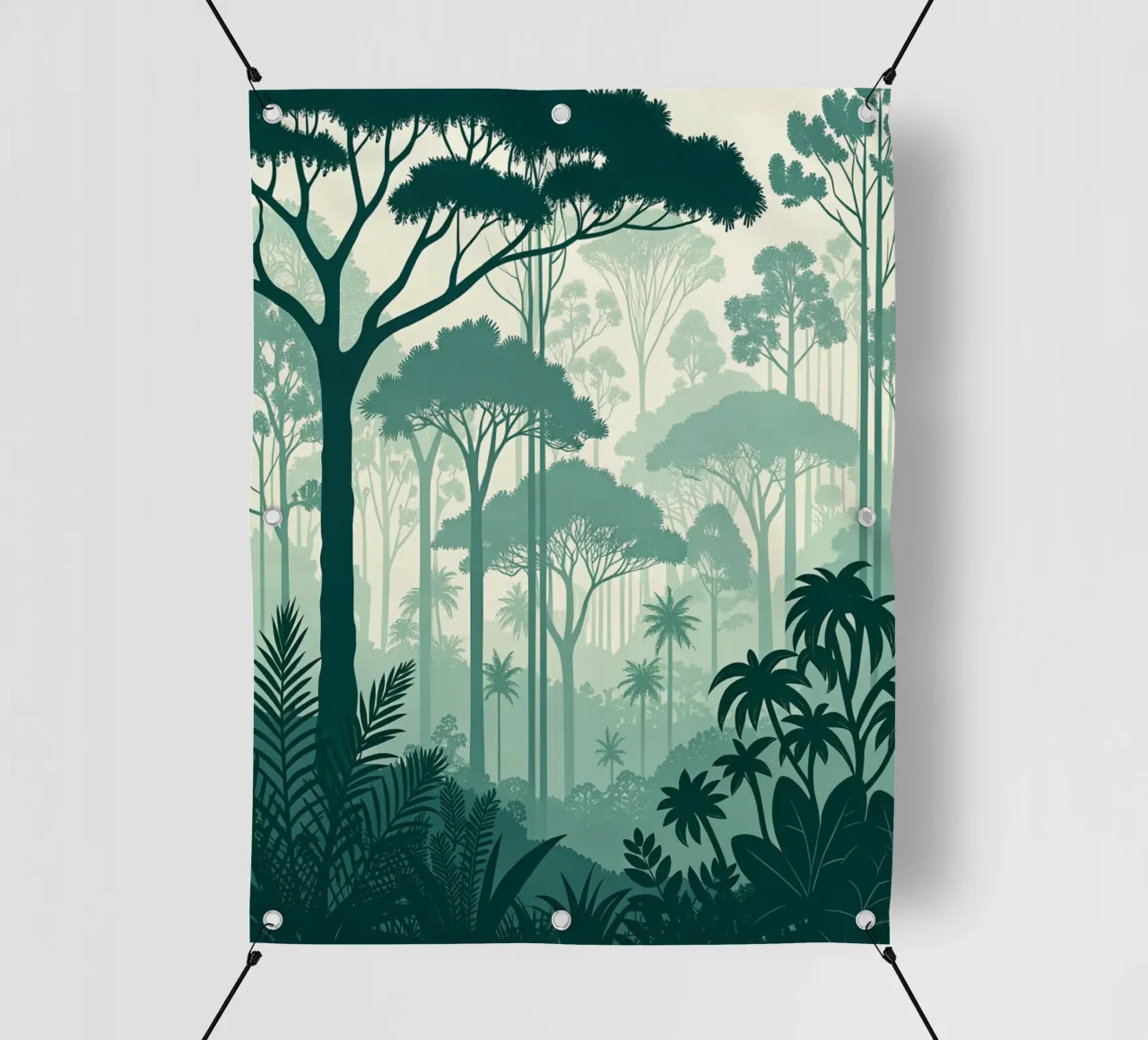 Giungla mistica: Una foresta serena e verdeggiante che si stratifica in un'atmosfera da sogno. telo in pvc da Artistic-shop
