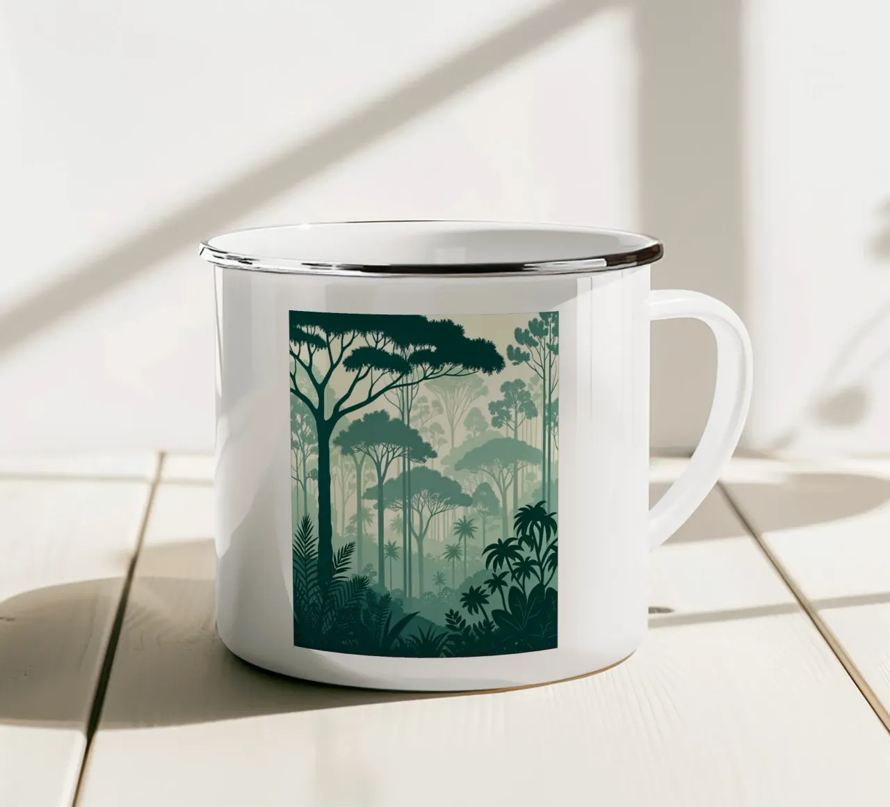 Giungla mistica: Una foresta serena e verdeggiante che si stratifica in un'atmosfera da sogno. tazza in smalto da Artistic-shop