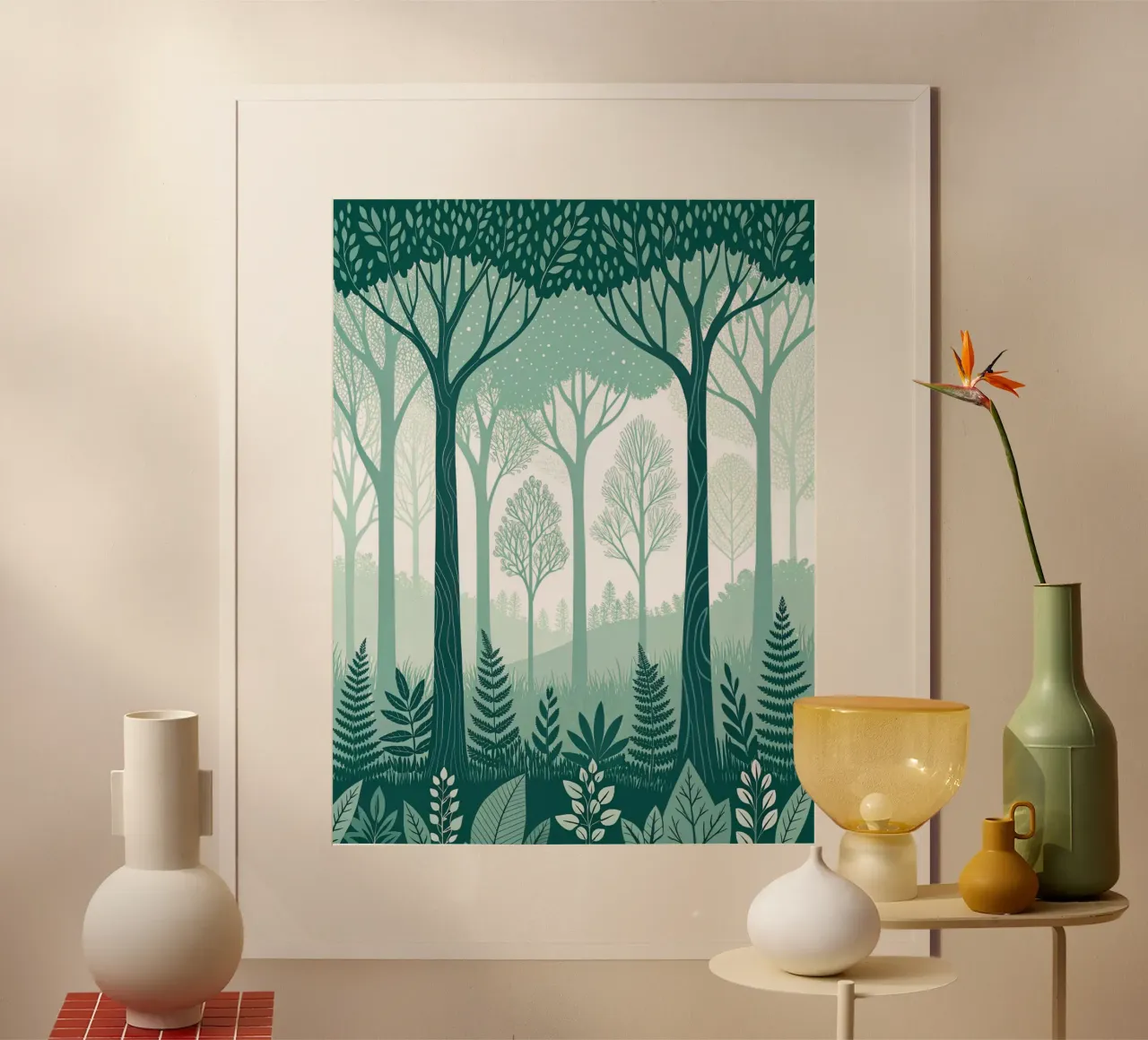 Sussurri mistici: Un sogno nella foresta bianca e verde poster da Artistic-shop