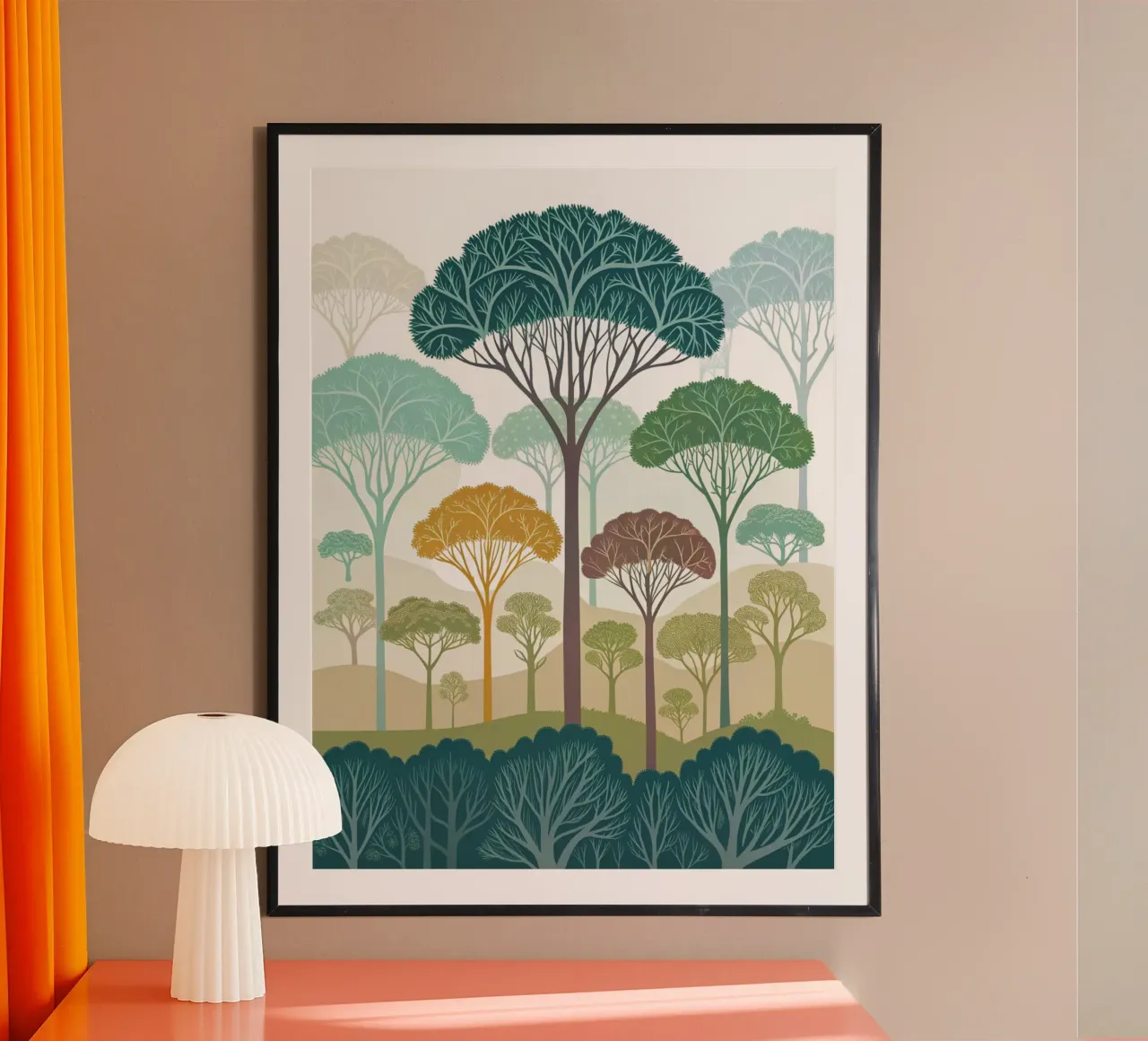 Foresta incantata: Un sereno arazzo di alberi stilizzati poster da Artistic-shop