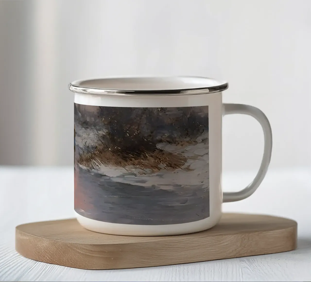 Idillio invernale sulla riva del fiume tazza in smalto da Studio Vibe