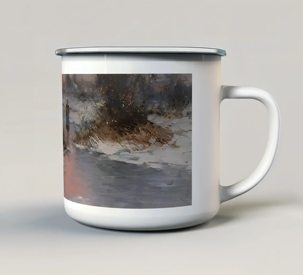 Idillio invernale sulla riva del fiume tazza in smalto da Studio Vibe