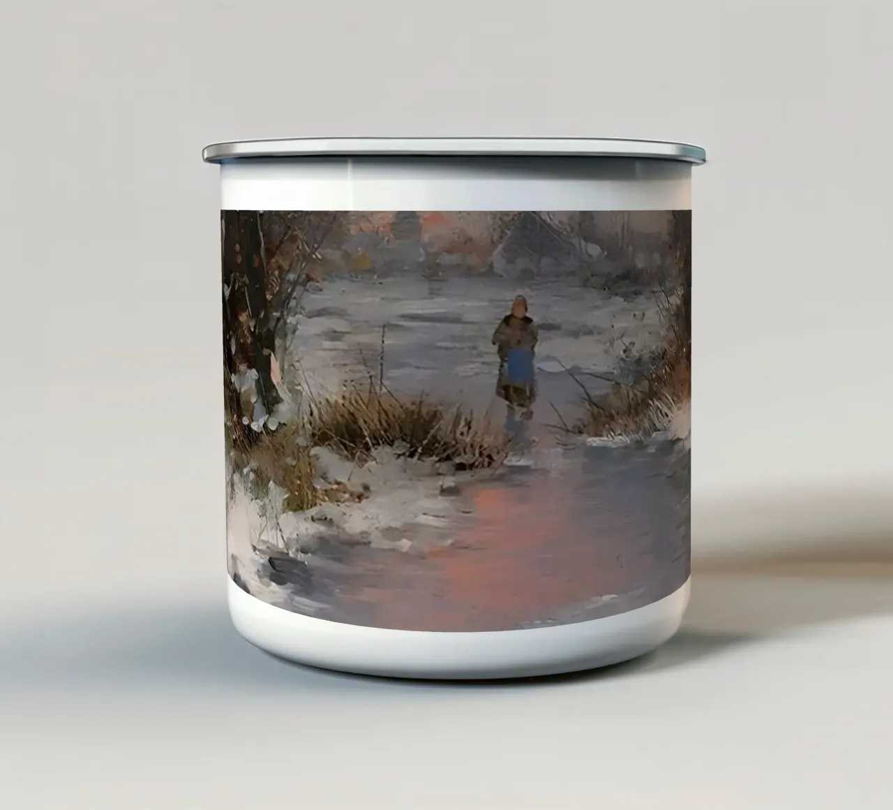 Idillio invernale sulla riva del fiume tazza in smalto da Studio Vibe