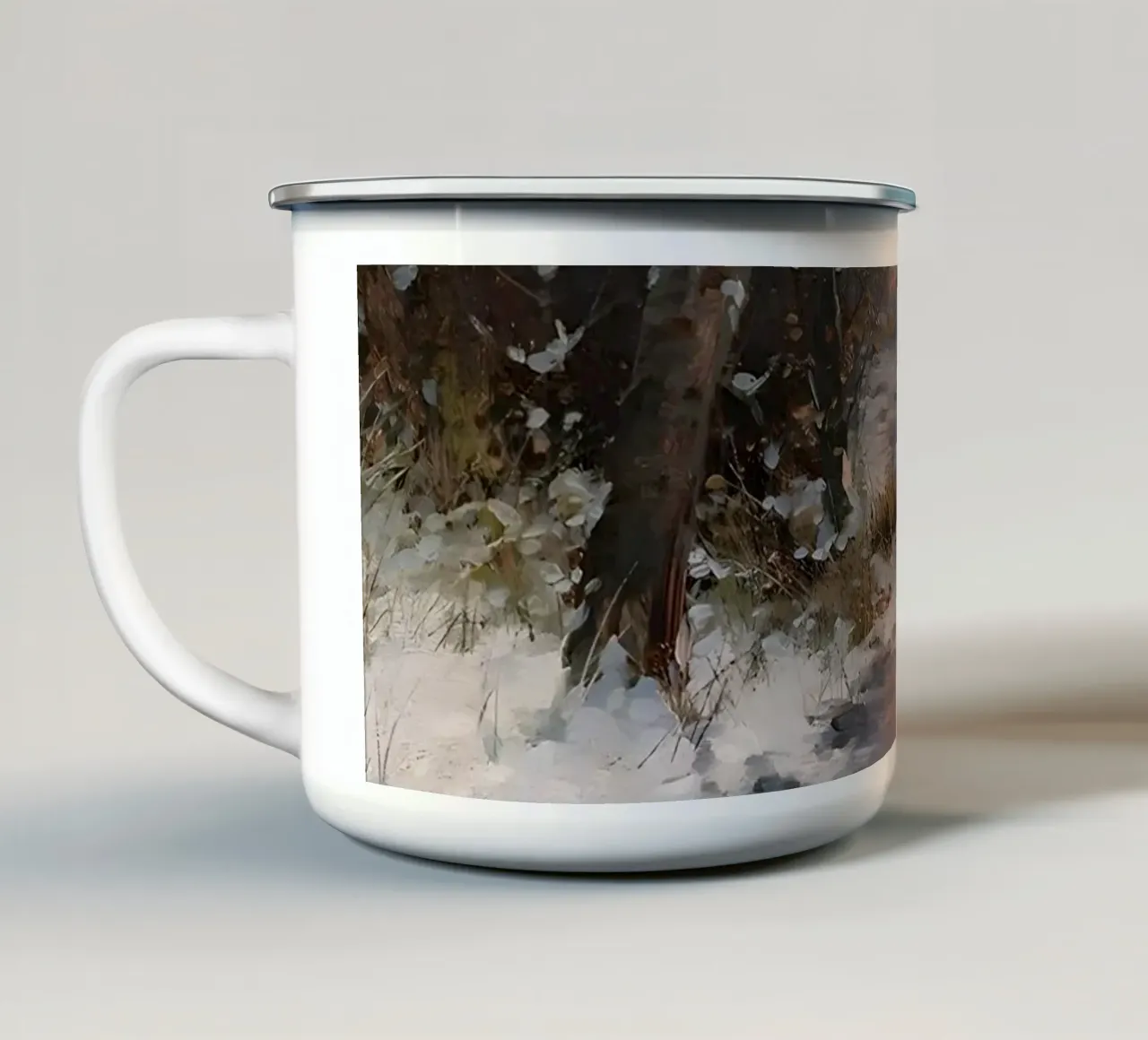 Idillio invernale sulla riva del fiume tazza in smalto da Studio Vibe