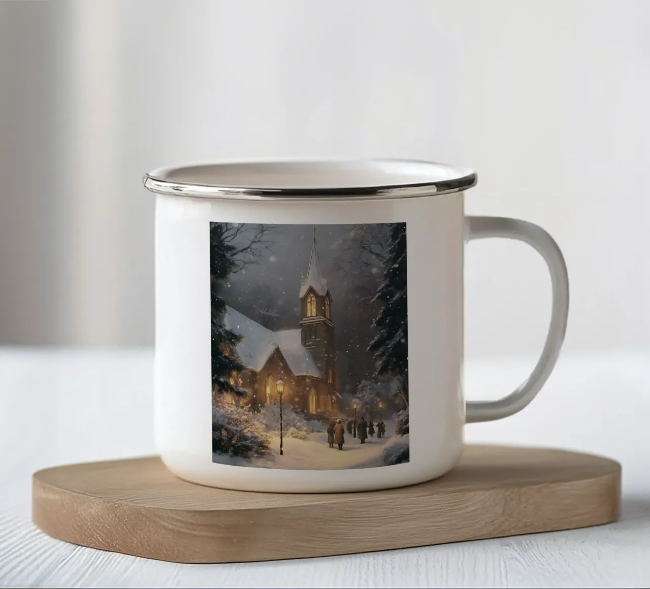 Chiesa invernale nella magia della neve tazza in smalto da Studio Vibe