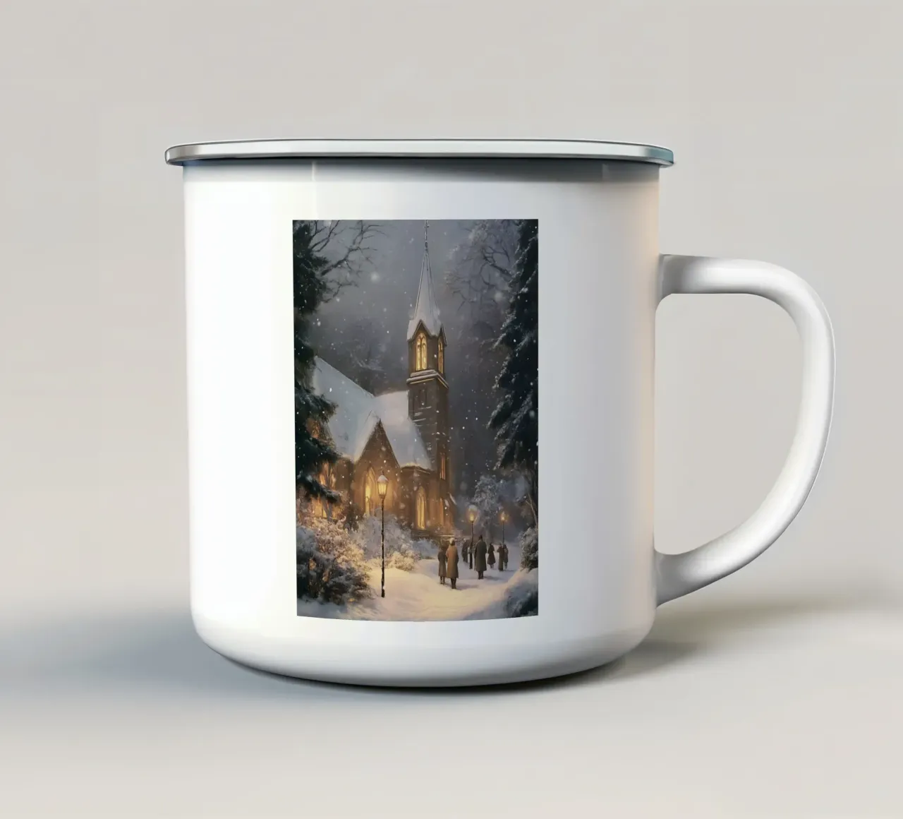 Chiesa invernale nella magia della neve tazza in smalto da Studio Vibe