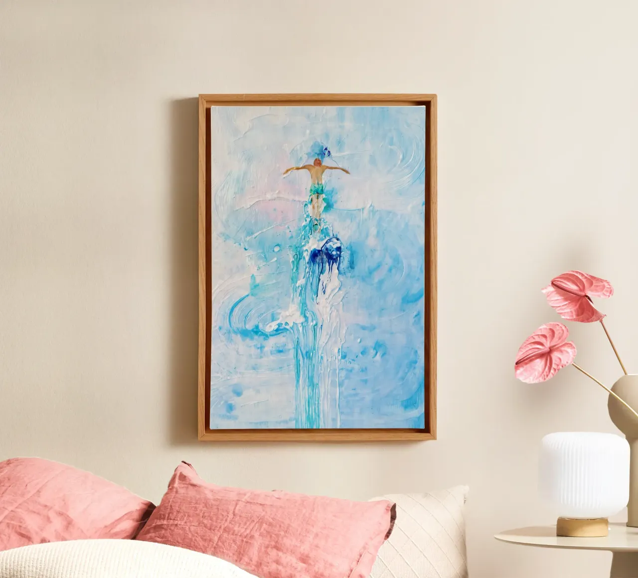 Man and sea united: Impressionistic watercolour motif canvas with Floater frame by KUNSTstück