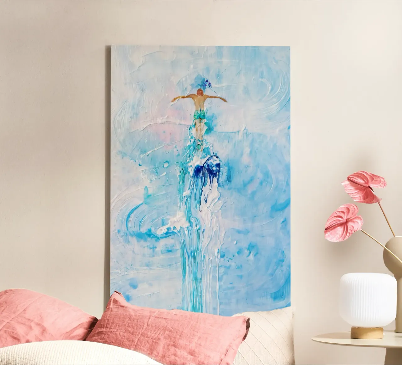 Man and sea united: Impressionistic watercolour motif canvas with Floater frame by KUNSTstück