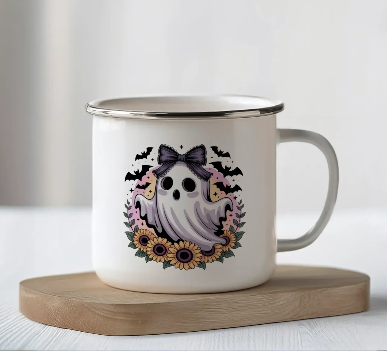 Spooky Kawaii Ghost tazza in smalto da Sasyall Graphics
