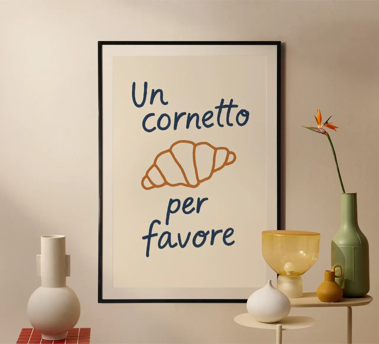 Un Cornetto per favore – Italienisches Frühstücksposter poster con telaio in alluminio da Grande Bellezza