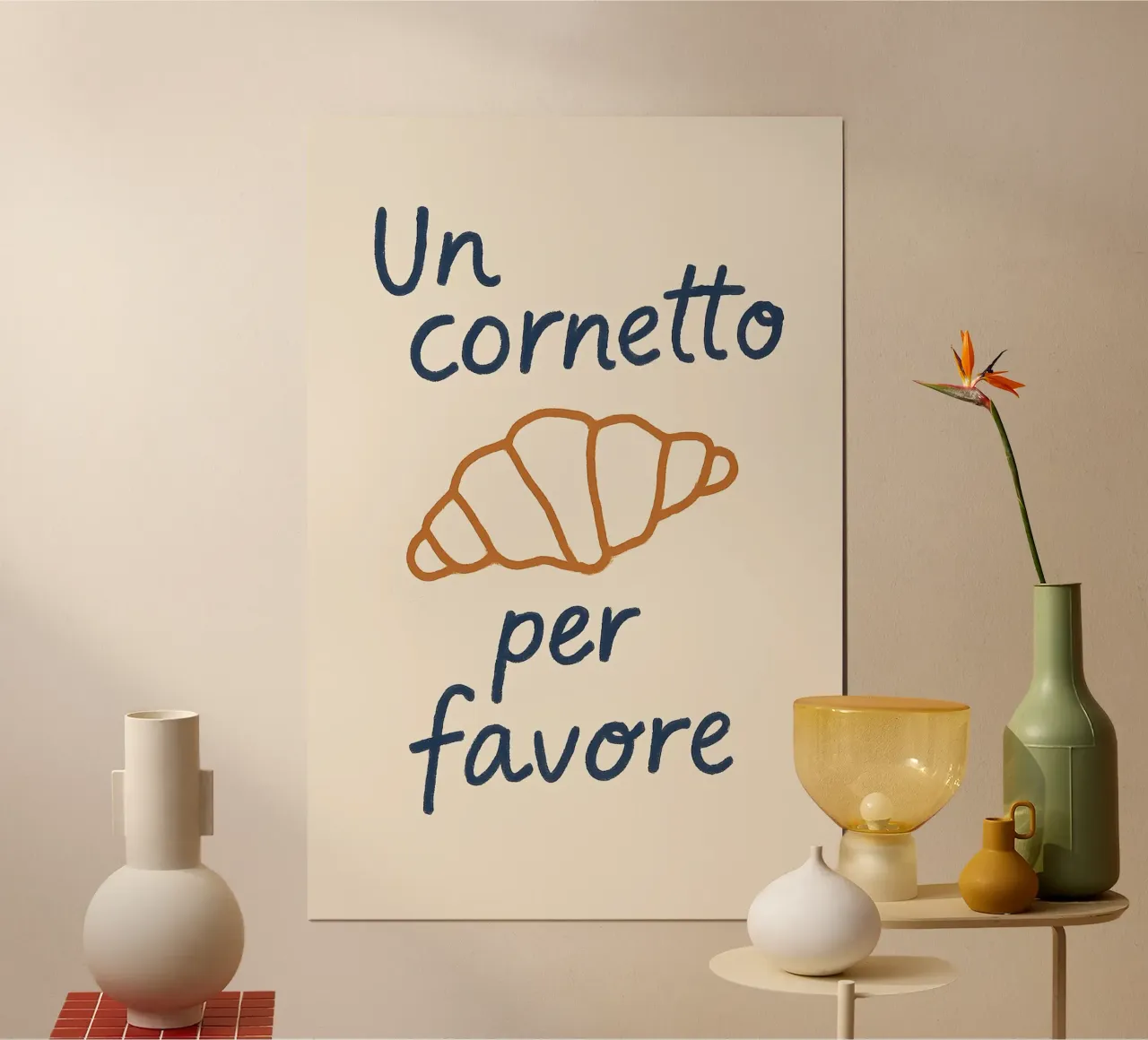 Un Cornetto per favore – Italienisches Frühstücksposter poster con telaio in alluminio da Grande Bellezza