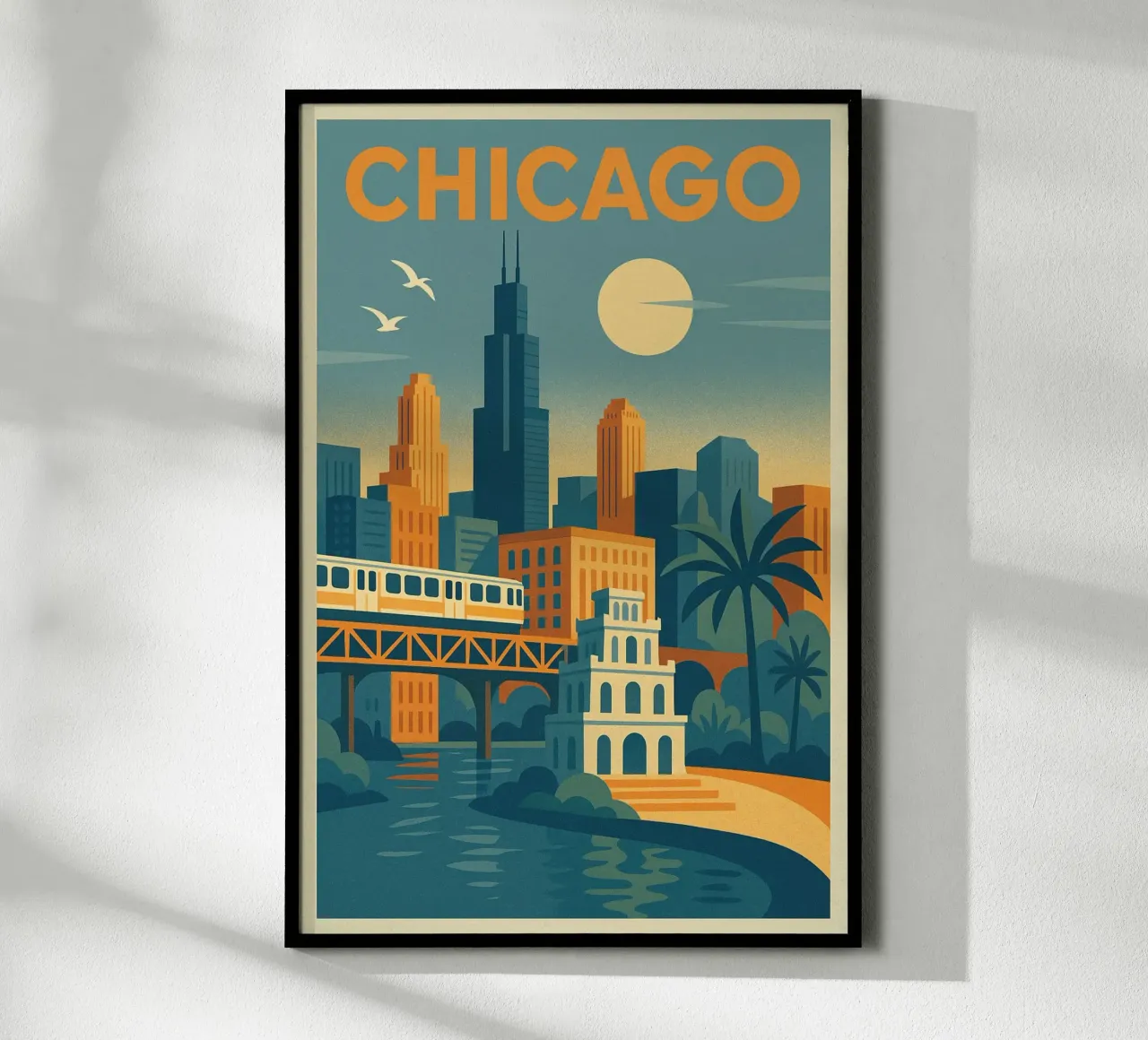 Poster di Chicago - Poster retrò dello skyline e della metropolitana poster con telaio in legno da JETLAG | affiches voyage