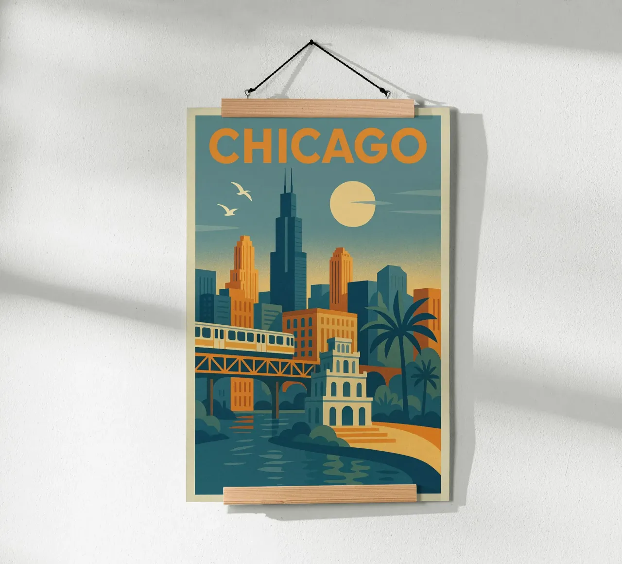 Poster di Chicago - Poster retrò dello skyline e della metropolitana poster con telaio in legno da JETLAG | affiches voyage