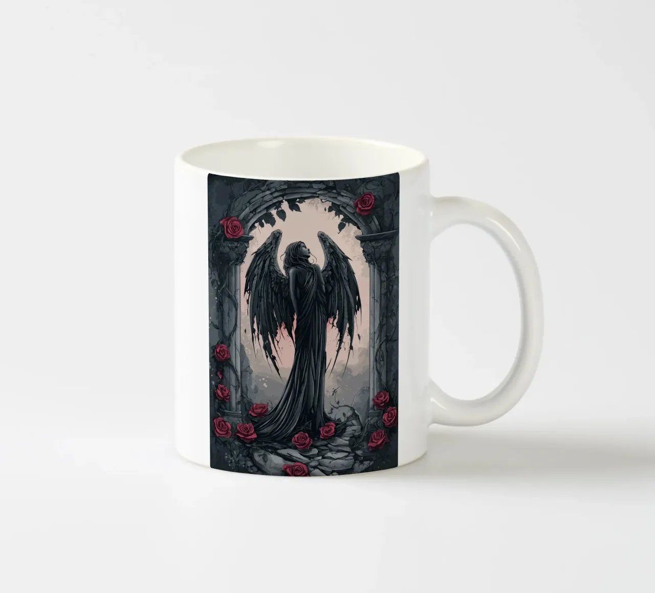 Angelo caduto in una rovina di rose tazza in ceramica da pixelbull - medieval art and more