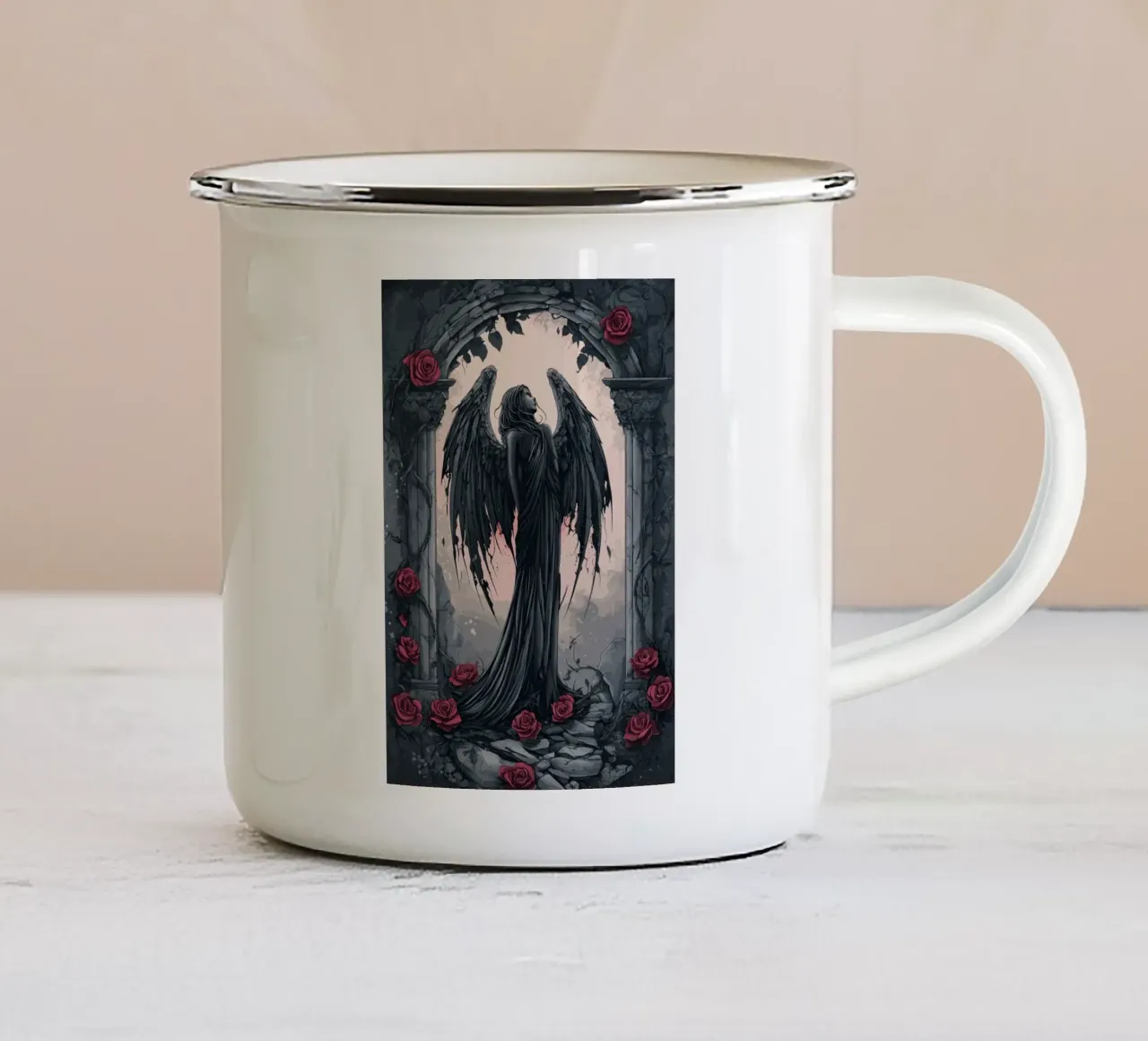 Angelo caduto in una rovina di rose tazza in smalto da pixelbull - medieval art and more
