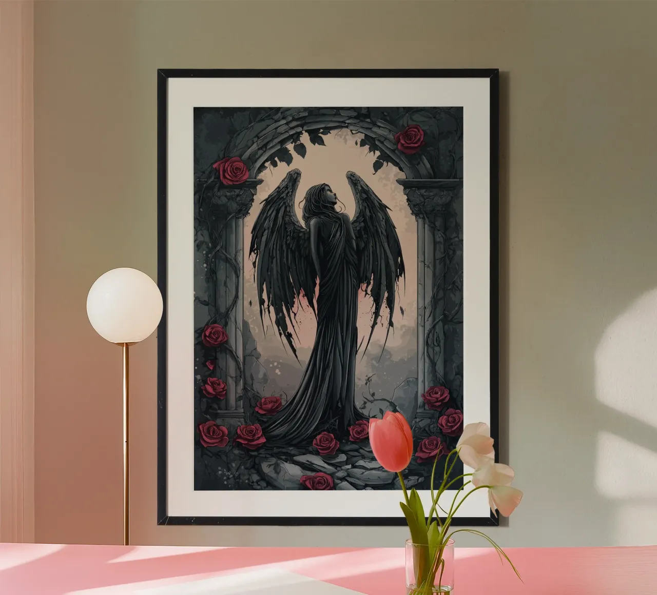 Angelo caduto in una rovina di rose poster da pixelbull - medieval art and more