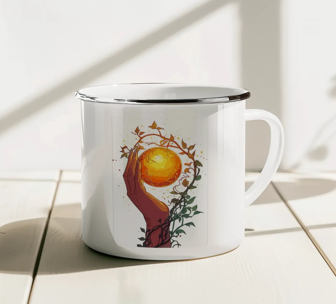 Il sole in mano tazza in smalto da pixelbull - medieval art and more