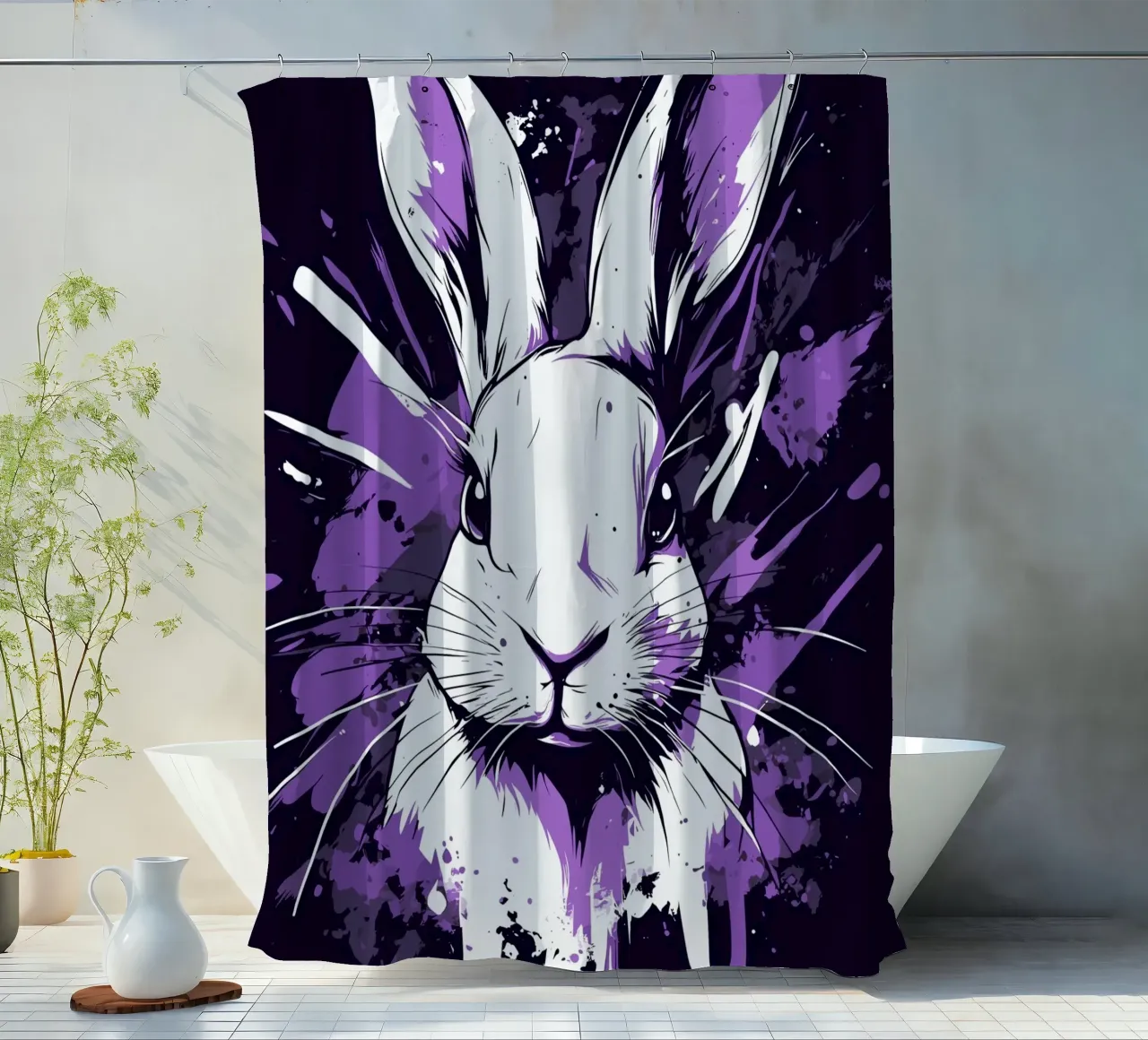 Coniglio bianco con spruzzi di colore tenda da doccia da pixelbull - medieval art and more