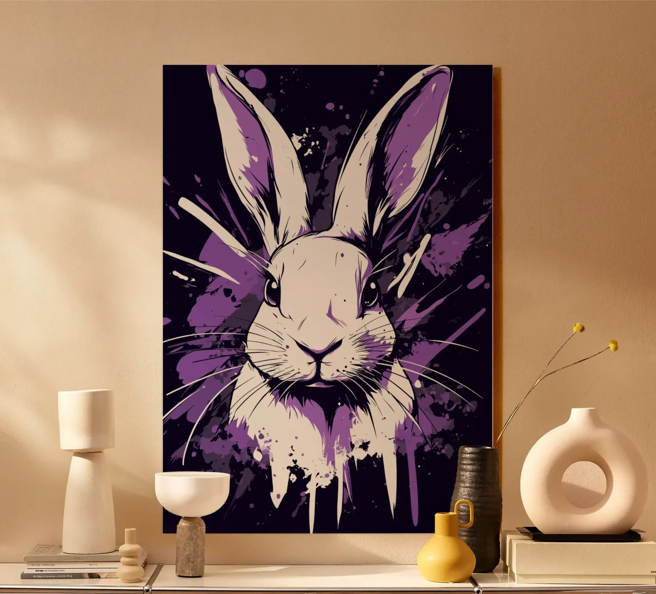Coniglio bianco con spruzzi di colore alluminio dibond da pixelbull - medieval art and more