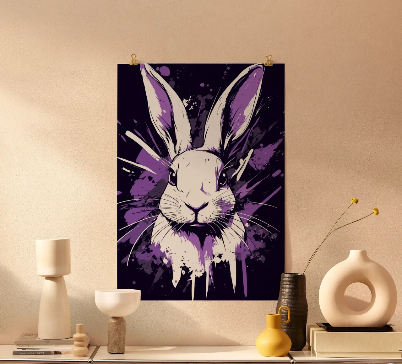 Coniglio bianco con spruzzi di colore poster da pixelbull - medieval art and more