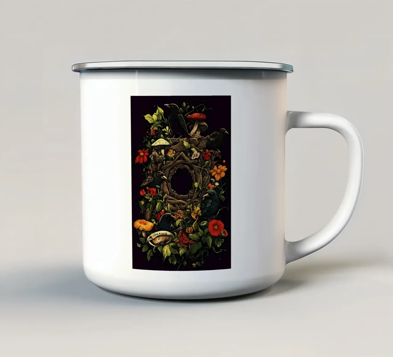 Corvi e funghi in una ghirlanda naturale tazza in smalto da pixelbull - medieval art and more