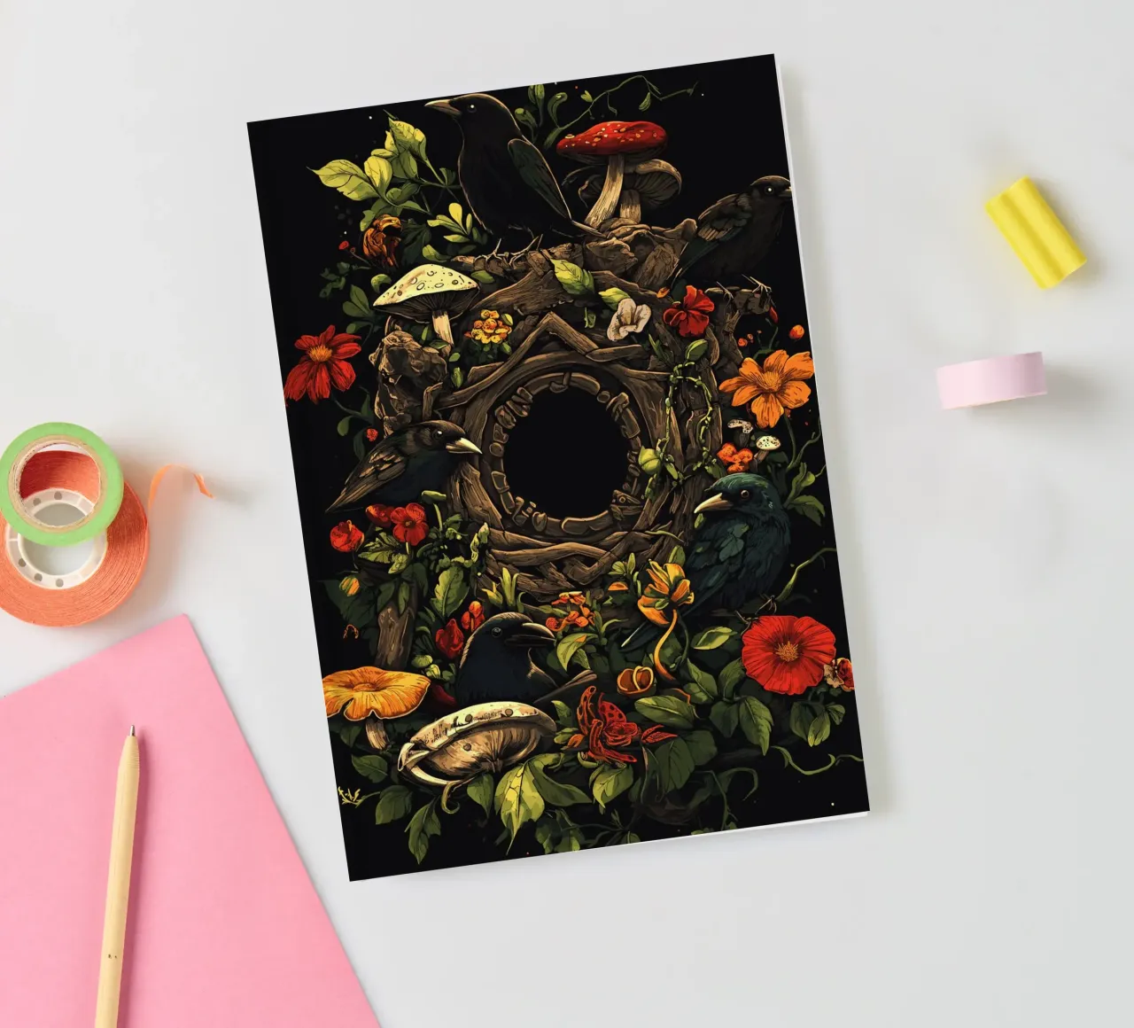 Crows and mushrooms in a natural wreath notebook by pixelbull - medieval art and more