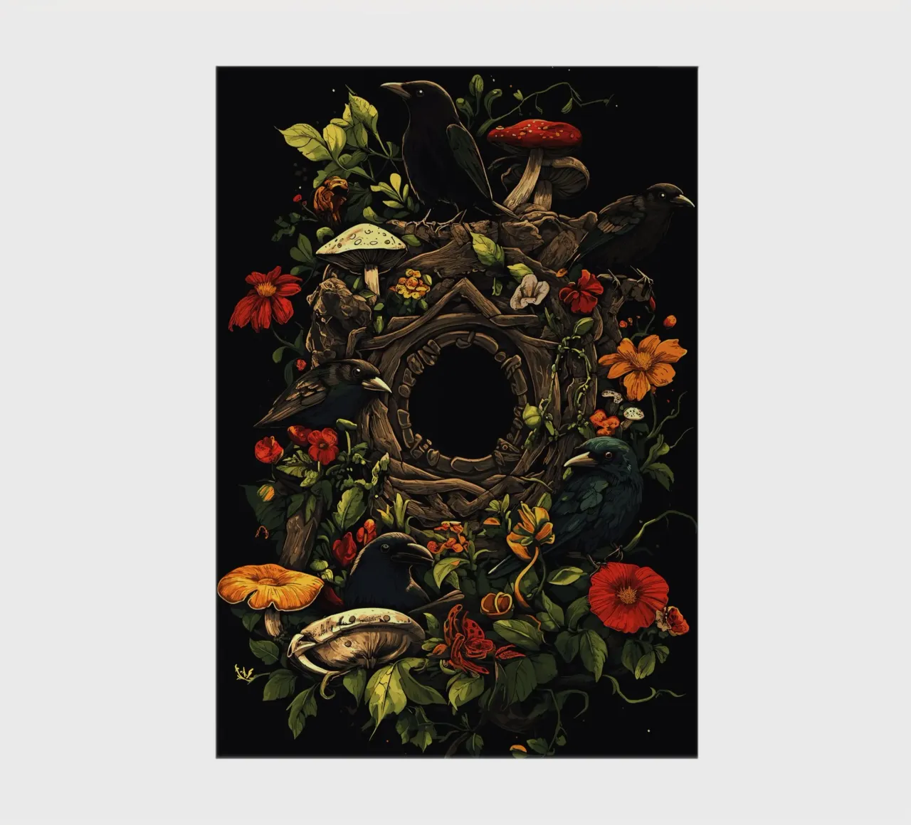 Crows and mushrooms in a natural wreath notebook by pixelbull - medieval art and more