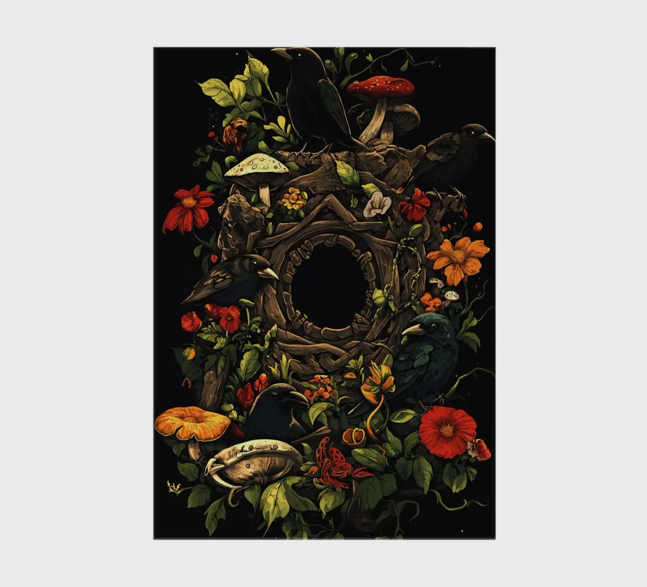 Crows and mushrooms in a natural wreath notebook by pixelbull - medieval art and more