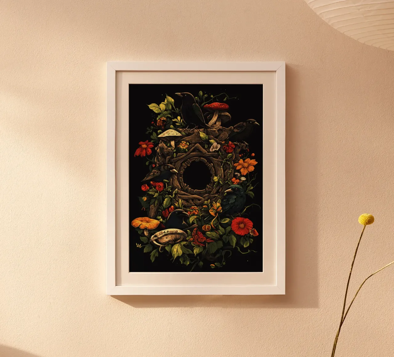 Corvi e funghi in una ghirlanda naturale poster da pixelbull - medieval art and more