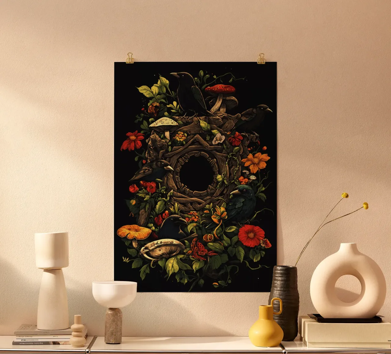 Corvi e funghi in una ghirlanda naturale poster da pixelbull - medieval art and more