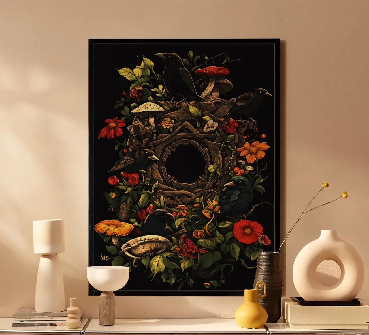 Corvi e funghi in una ghirlanda naturale poster da pixelbull - medieval art and more