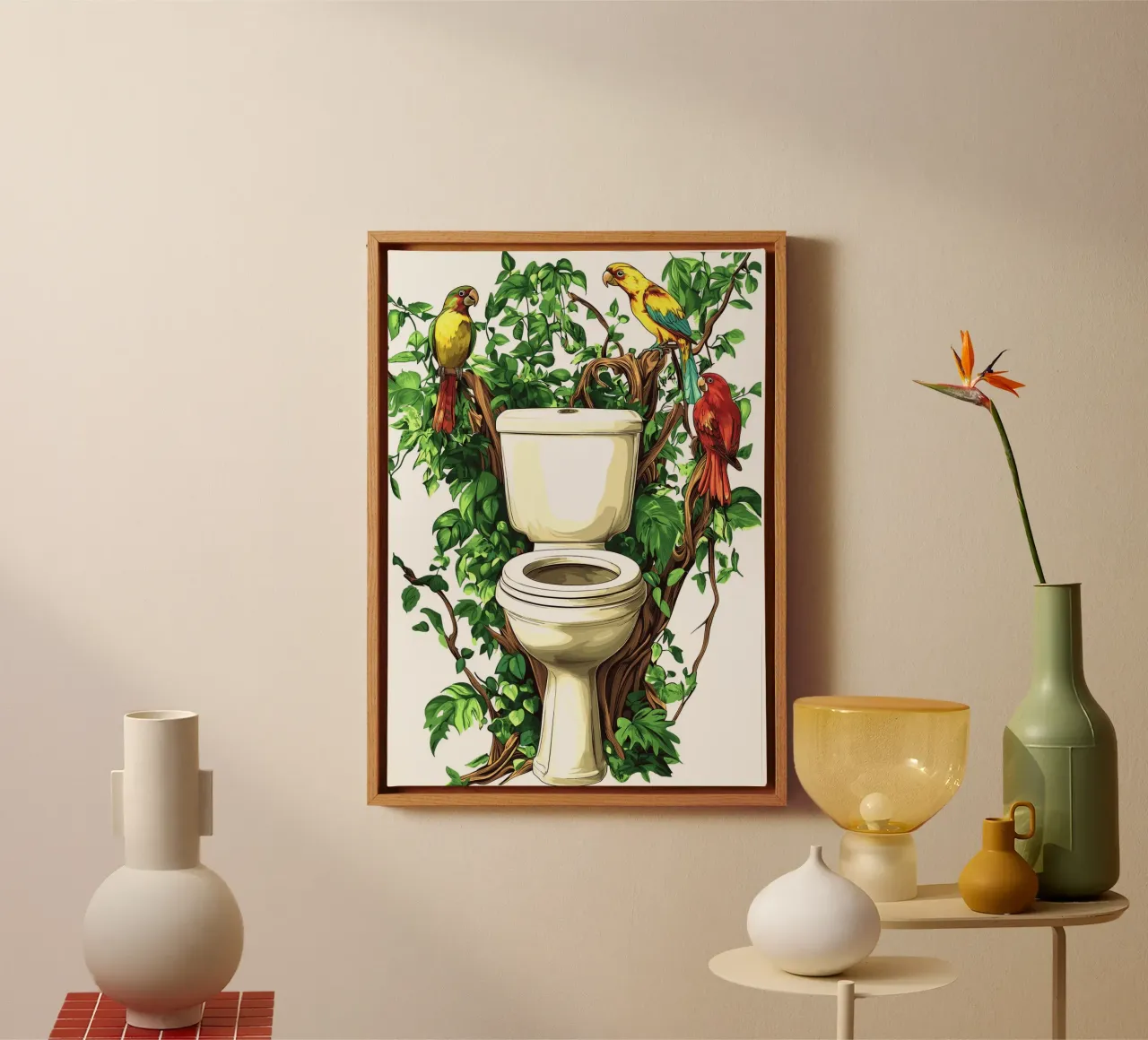 Aseo en la jungla con loros lienzo con Marco flotante de pixelbull - medieval art and more