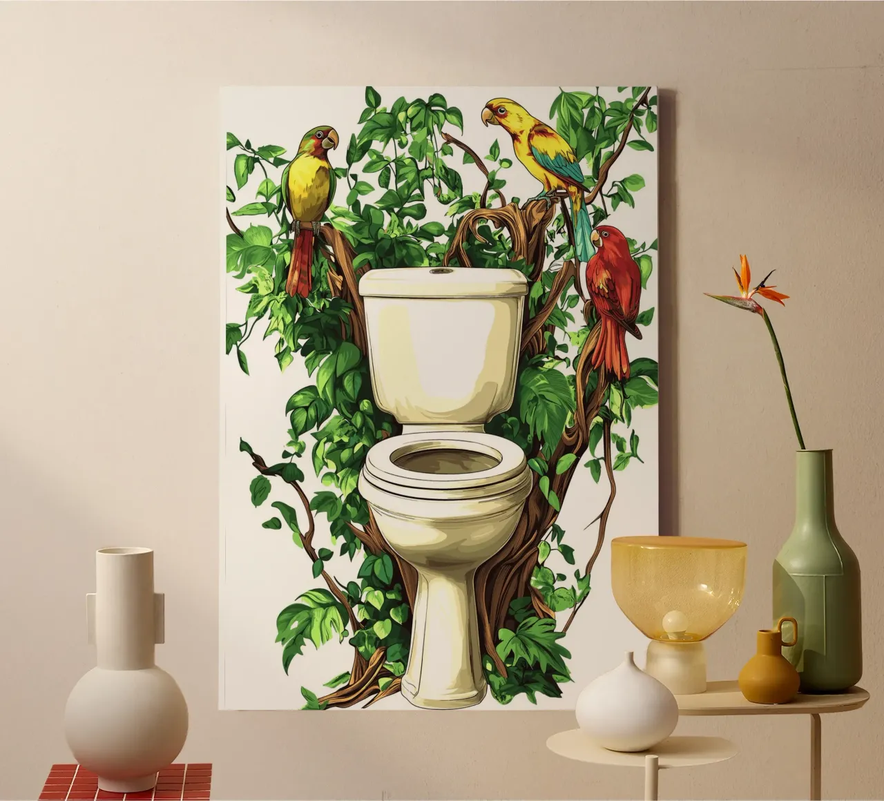 Aseo en la jungla con loros lienzo con Marco flotante de pixelbull - medieval art and more