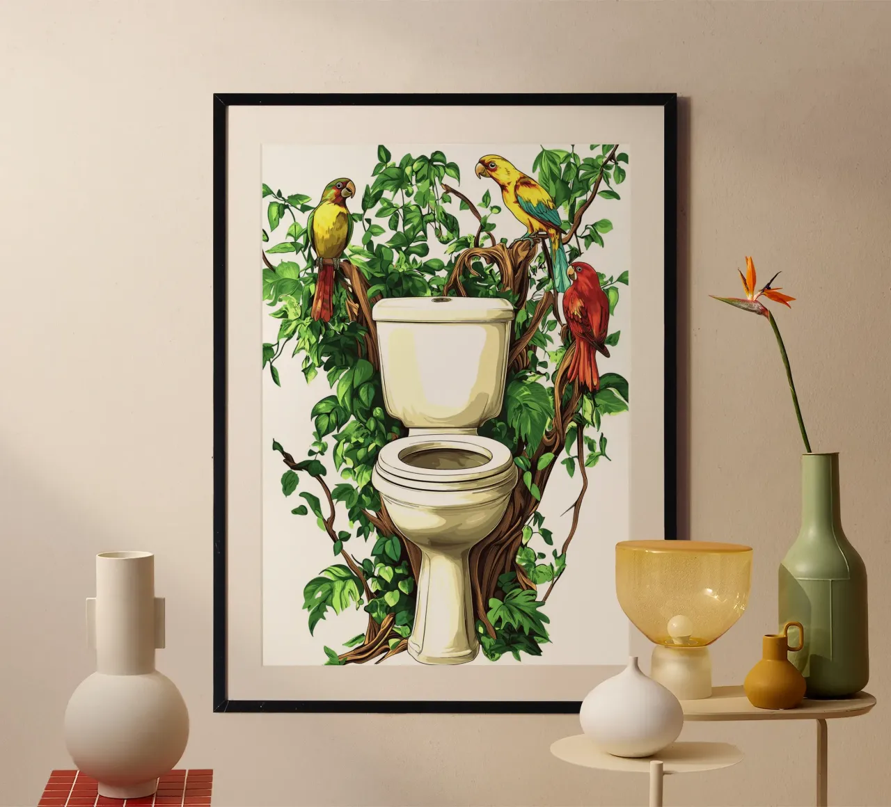 Toilette della giungla con pappagalli poster con telaio in legno da pixelbull - medieval art and more