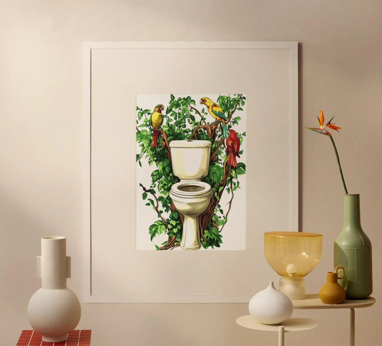 Toilette della giungla con pappagalli poster con telaio in legno da pixelbull - medieval art and more
