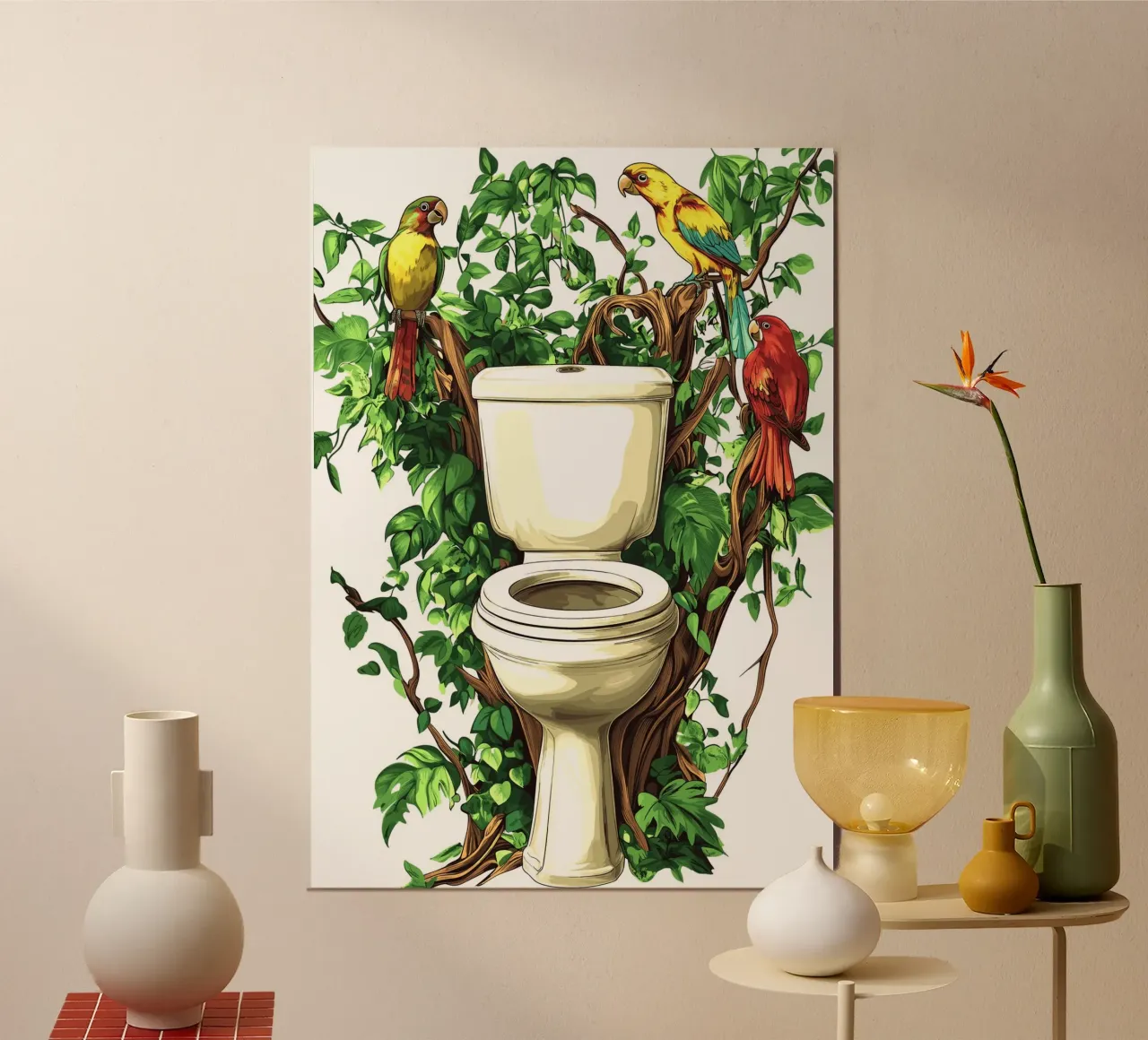 Toilette della giungla con pappagalli poster con telaio in legno da pixelbull - medieval art and more