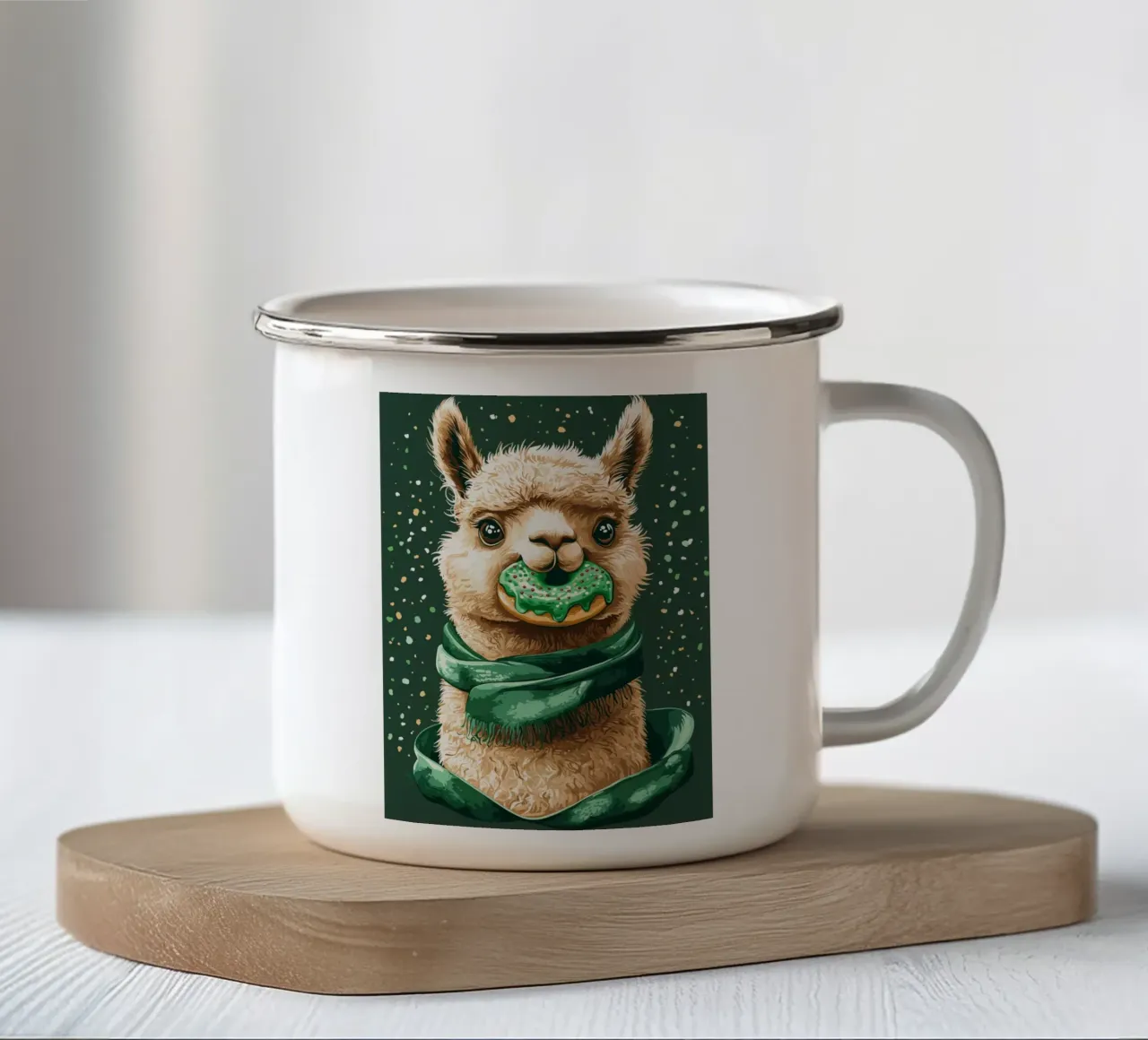 Lama con ciambella nella neve tazza in smalto da pixelbull - medieval art and more
