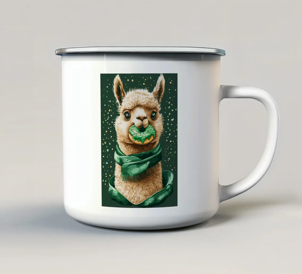 Lama con ciambella nella neve tazza in smalto da pixelbull - medieval art and more