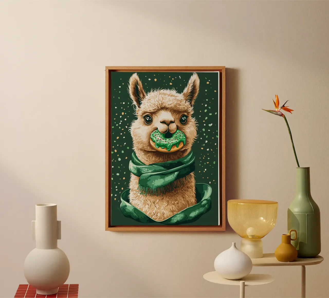 Llama with donut in the snow canvas with Floater frame by pixelbull - medieval art and more