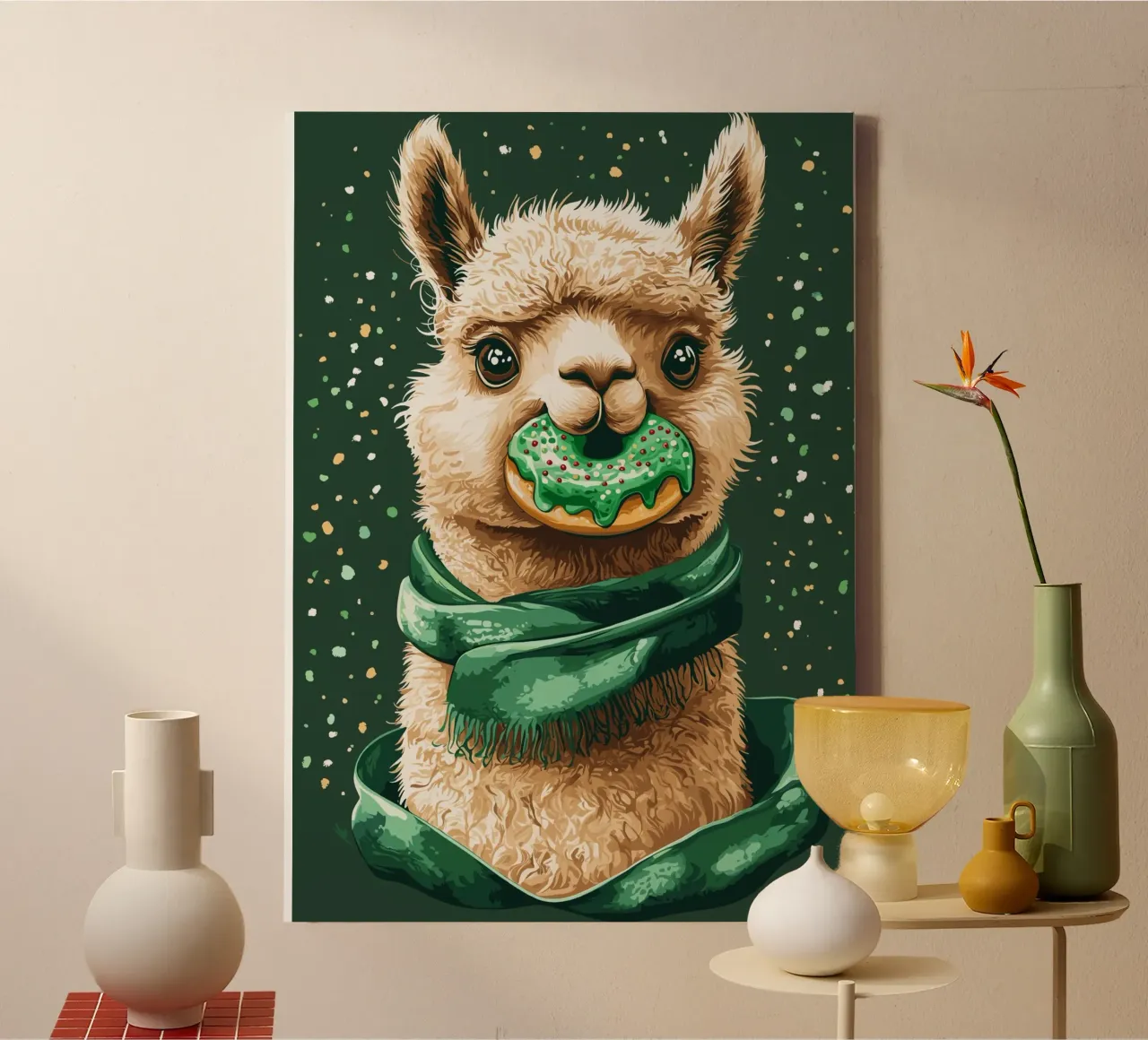 Llama with donut in the snow canvas with Floater frame by pixelbull - medieval art and more