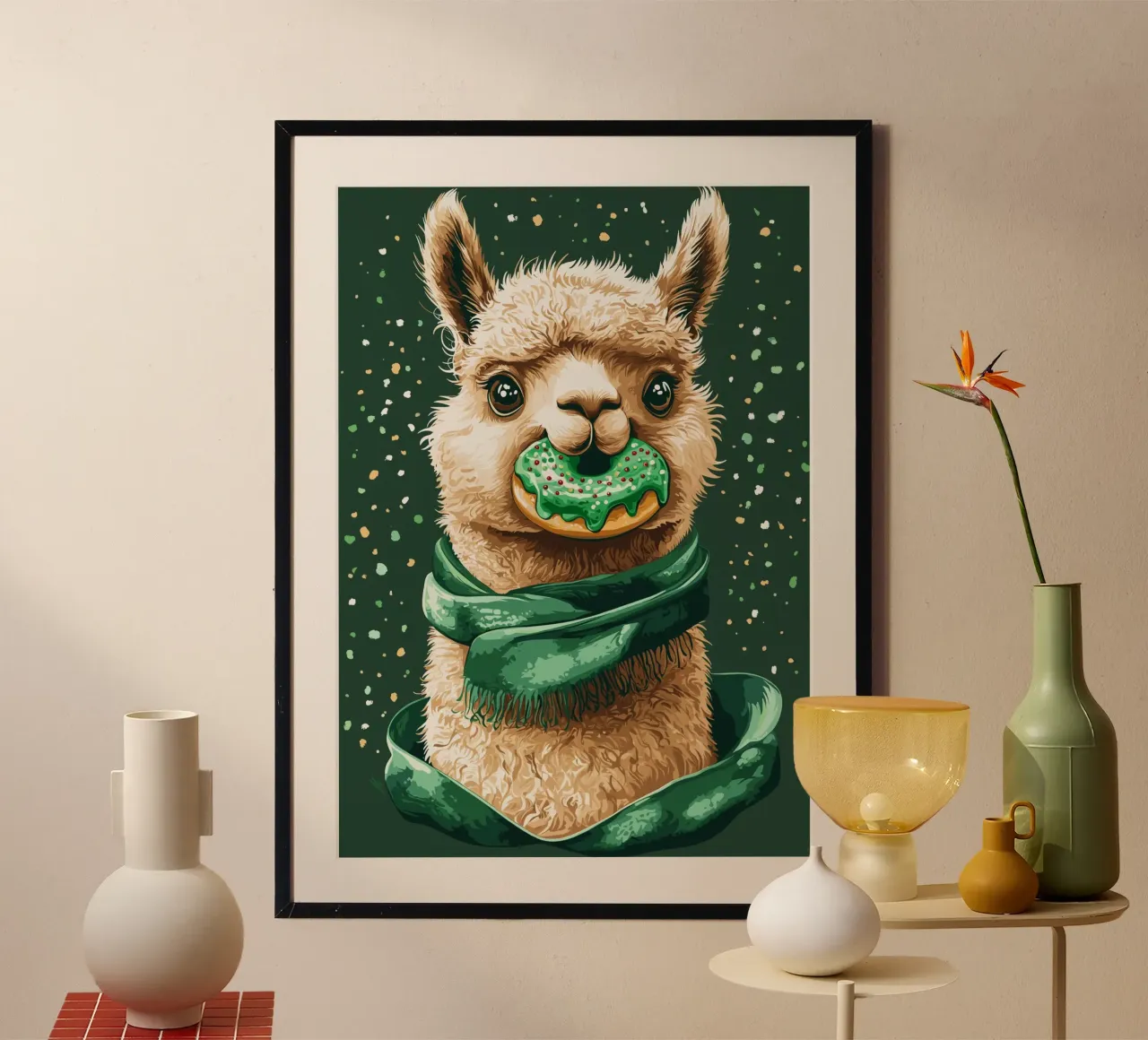 Llama with donut in the snow poster by pixelbull - medieval art and more