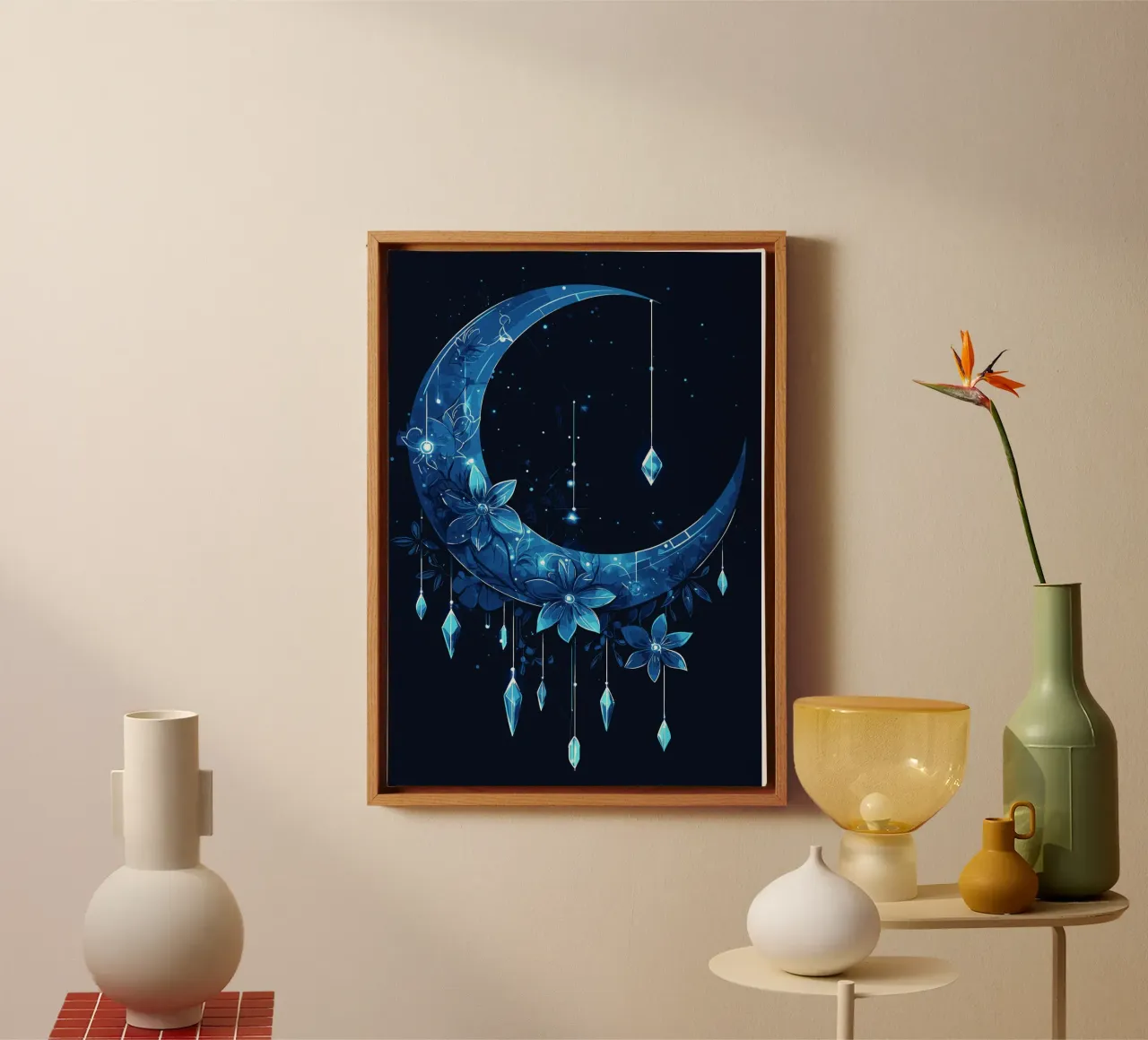 Blauwe maan met kristallen bloemen canvas met Baklijst van pixelbull - medieval art and more